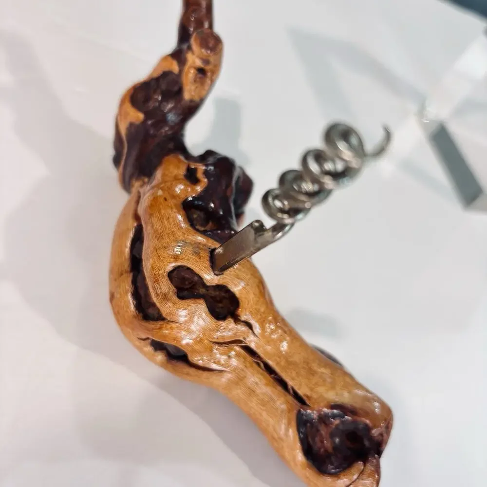 Vintage Handcrafted Grapevine Burl Wood Stationary Corkscrew Wine Opener